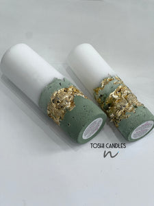 gold leaf candles, concrete candles, candle set, pillar candles, handmade candles, sage green candles, wedding event decor, table decor, luxury candles, designer candles