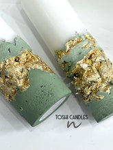 Load image into Gallery viewer, gold leaf candles, concrete candles, candle set, pillar candles, handmade candles, sage green candles, wedding event decor, table decor, luxury candles, designer candles