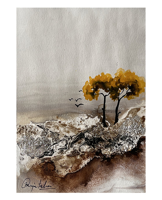 paintings on paper, abstract landscape, tree painting, home decor Canada, living room decor canada, affordable home decor canada, earthy colours, nature painting, texture painting, acrylic painting on paper, silver leaf painting, mothernature, nature lovers, 