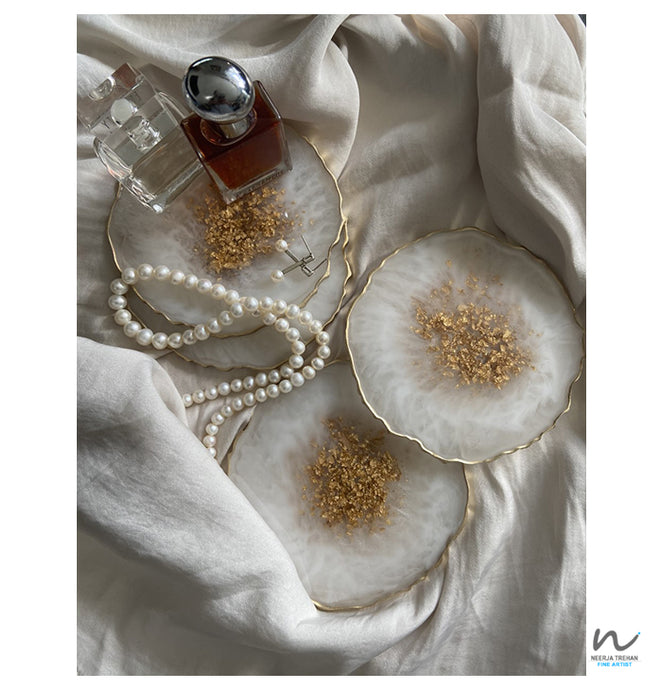 White Resin Coasters with Gold Leaf (set of 4) - neerjatrehan.com