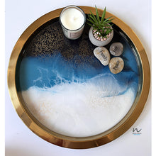 Load image into Gallery viewer, metal tray, Mothers day Gift, Christmas Gift, housewarming gift, Wedding gift, homedecor, Resin Tray, Blue and White Resin Tray, Round resin tray