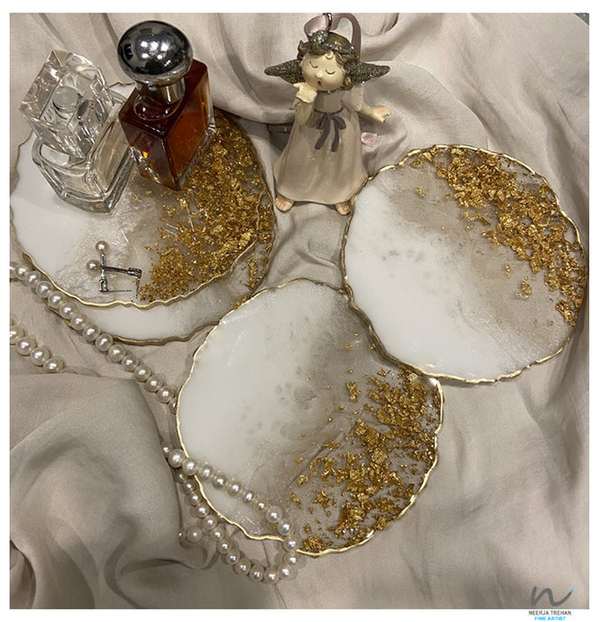 White and Gold Leaf Resin Coasters (set of 4) - neerjatrehan.com