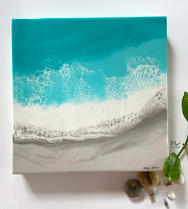 beach painting, resin painting, waves, calm, serene, beach art, teal colour, joy, peace