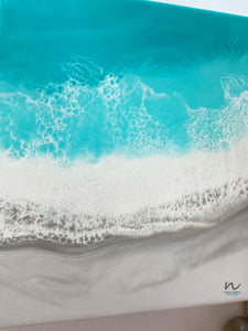 beach painting, resin painting, waves, calm, serene, beach art, teal colour, joy, peace
