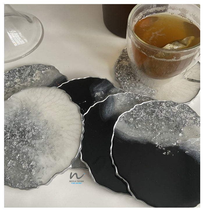 Black, Pearl White and Silver Leaf Resin Coasters (set of 6) - neerjatrehan.com