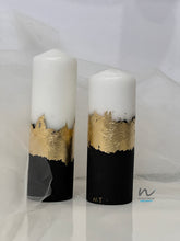 Load image into Gallery viewer, concrete candles, luxury candles, pillar gold candles, homedecor candles, designer candles, housewarming gifts, event decor, table decor, cement candles, black candles, black gold candles