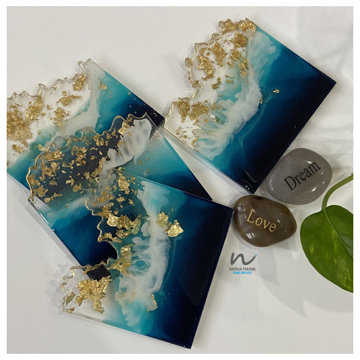 Blue, Teal and Gold Leaf Resin Coasters - neerjatrehan.com