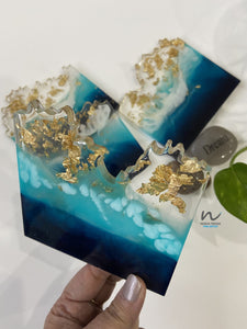 Blue, Teal and Gold Leaf Resin Coasters - neerjatrehan.com