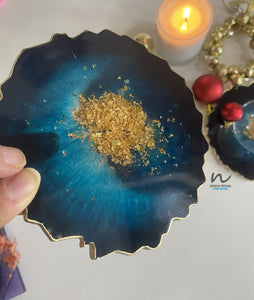 Dark Blue and Gold Leaf Resin Coasters (set of 4) - neerjatrehan.com
