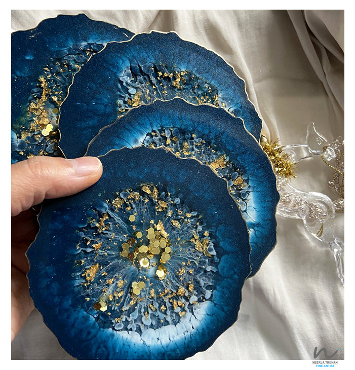 Dark Blue and Gold Leaf Resin Coasters (set of 4) - neerjatrehan.com