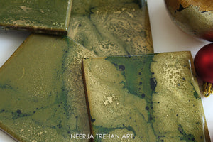 Gold and Green Resin Wooden Coasters (set of 4) - neerjatrehan.com