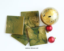 Load image into Gallery viewer, Gold and Green Resin Wooden Coasters (set of 4) - neerjatrehan.com