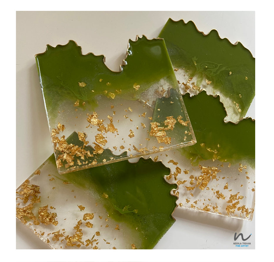 Green and Gold Leaf Resin Coasters(set of 4) - neerjatrehan.com