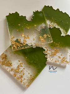 Green and Gold Leaf Resin Coasters(set of 4) - neerjatrehan.com