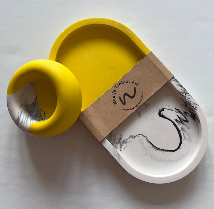 Yellow and Grey Trinket Tray($30) Candle Holder ($12) - neerjatrehan.com