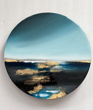 Load image into Gallery viewer, resin art for sale, acrylic and resin painting, round painting, pieart, gold leaf painting, blue art for sale, abstract seascape, abstract painting for interior, epoxy paintings for sale, asbstract painting, interiordesigners, living room wall art canada