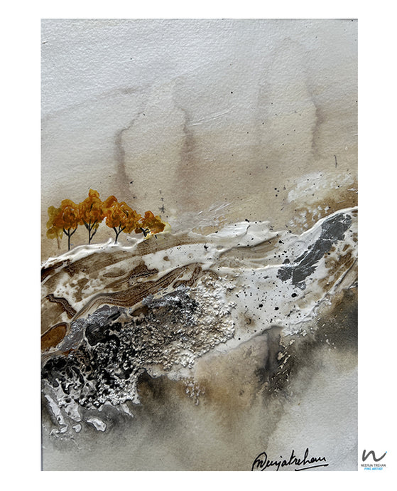 paintings on paper, abstract landscape, tree painting, home decor Canada, living room decor canada, affordable home decor canada, earthy colours, nature painting, texture painting, acrylic painting on paper, Silver leaf painting, mother nature, nature lovers, textured art