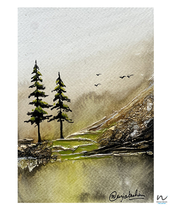 trees, acry;ic tree painting, nature art, nature painting, landscape, homedecor, gold leaf