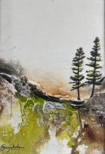 Load image into Gallery viewer, spring vibes, paintings on paper, abstract landscape, tree painting, home decor Canada, living room decor canada, affordable home decor canada, earthy colours, nature painting, texture painting, acrylic painting on paper, Silver leaf painting, mothernature, nature lovers,