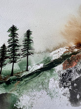 Load image into Gallery viewer, paintings on paper, abstract landscape, tree painting, home decor Canada, living room decor canada, affordable home decor canada, earthy colours, nature painting, texture painting, acrylic painting on paper, copper leaf painting, mothernature, nature lovers,