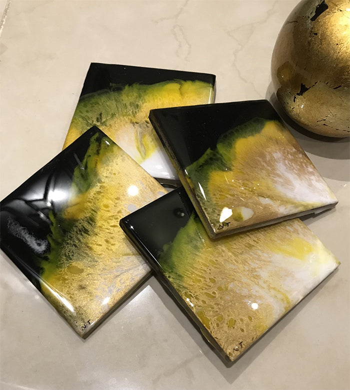 Black, Yellow and Gold Resin Wood Coasters - neerjatrehan.com