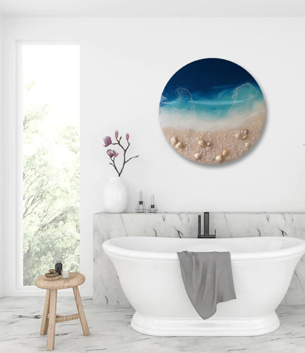 resin art for sale, acrylic and resin painting, round painting, pieart, gold leaf painting, blue art for sale, abstract seascape, abstract painting for interior, epoxy paintings for sale, asbstract painting, interiordesigners, living room wall art canada