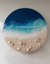 Load image into Gallery viewer, resin art for sale, acrylic and resin painting, round painting, pieart, gold leaf painting, blue art for sale, abstract seascape, abstract painting for interior, epoxy paintings for sale, asbstract painting, interiordesigners, living room wall art canada