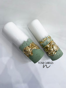 gold leaf candles, concrete candles, candle set, pillar candles, handmade candles, sage green candles, wedding event decor, table decor, luxury candles, designer candles