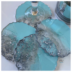 Teal and Silver Leaf resin Coasters - neerjatrehan.com