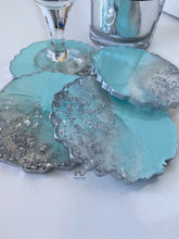 Load image into Gallery viewer, Teal and Silver Leaf resin Coasters - neerjatrehan.com