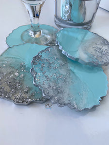 Teal and Silver Leaf resin Coasters - neerjatrehan.com