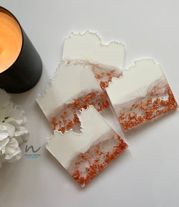 white and copper leaf , resin coasters, resin coaster set, copper leaf, home decor, table decor, giftsfor mom, house warming