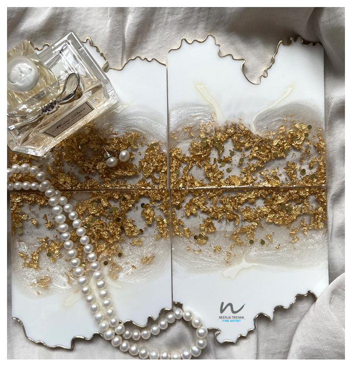 White, White Pearl and Gold Leaf resin Coasters (set of 4) - neerjatrehan.com