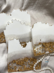 White, White Pearl and Gold Leaf resin Coasters (set of 4) - neerjatrehan.com