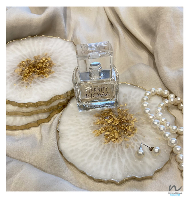 White Resin Coasters with Gold Leaf (set of 4) - neerjatrehan.com