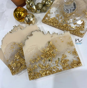Beige and  Gold Leaf resin coasters (set of 4) - neerjatrehan.com