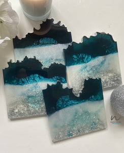 Blue and Silver Leaf Resin Coasters (set of 4) - neerjatrehan.com