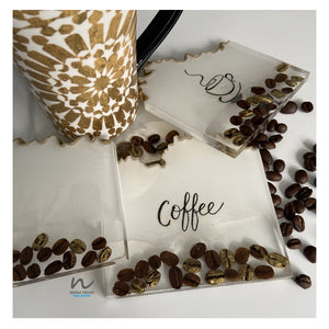 coffeelovers, realcoffeebeans, resin coasters, handwritten, smellthe coffee, 