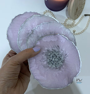 Lavender, Pearl White and Silver Leaf Resin Coasters (set of 4) - neerjatrehan.com