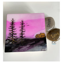 Load image into Gallery viewer, resin art, pink sky, pink and grey painting, tree art, bird painting, small art, mothers day gift, christmas gift, birthday gift, gift for her