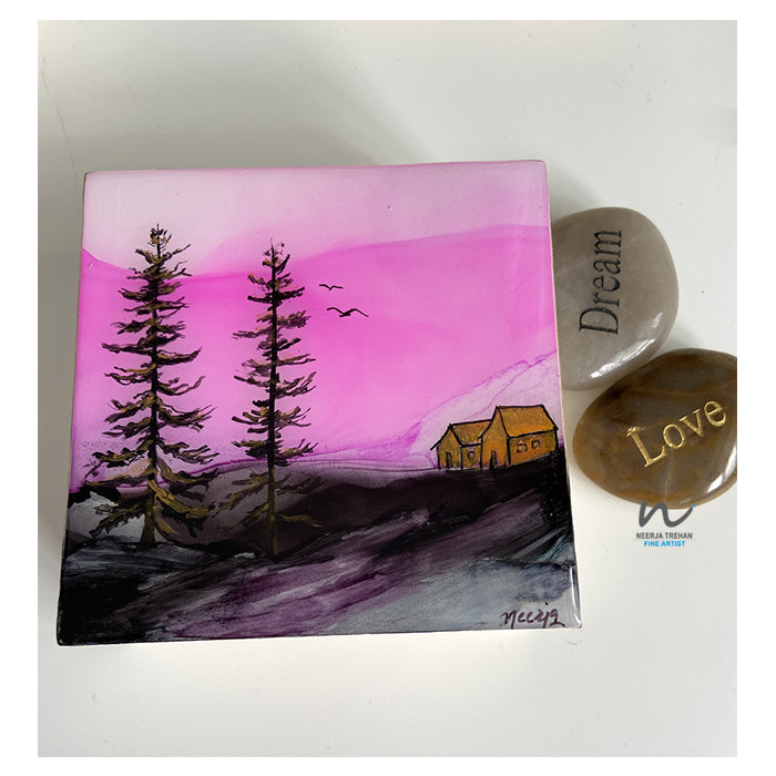 resin art, pink sky, pink and grey painting, tree art, bird painting, small art, mothers day gift, christmas gift, birthday gift, gift for her