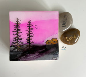 resin art, mini art, small art, pink sky, trees, tree painting, nature, resin painting, 