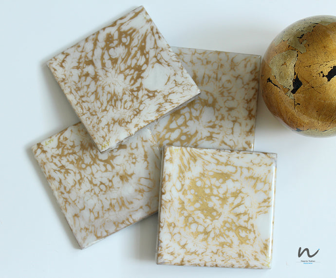 White and Gold Resin Wooden Coasters (set of 4) - neerjatrehan.com